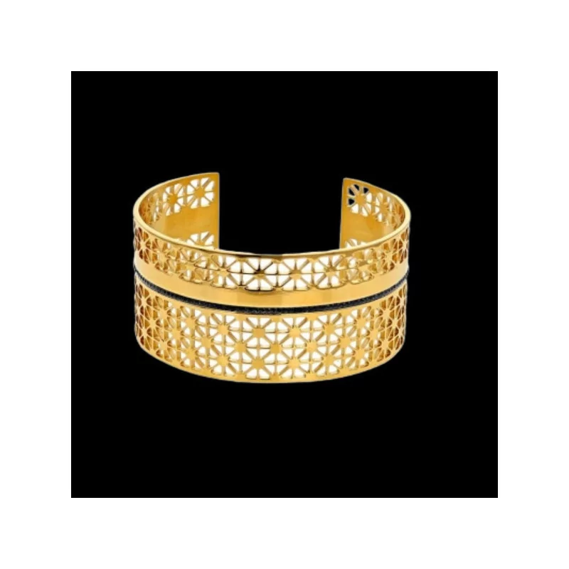 Gold-plated steel cuff bracelet with black crystals Gold-plated steel cuff bracelet with black crystals