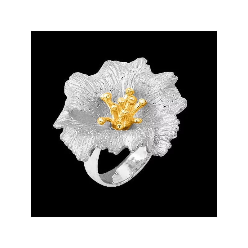 Bague fleur de pavot argent platiné et doré bijouxcreoles.com