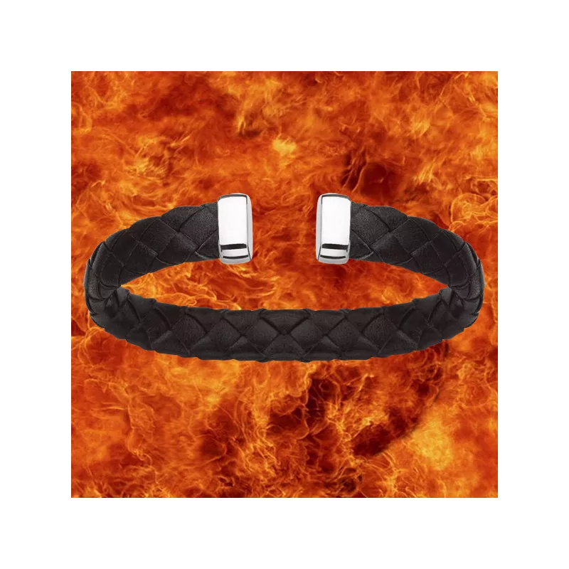 Black leather and 925 Rhodium-plated Silver Bangle Bracelet