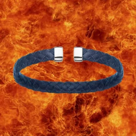 Bracelet Jonc cuir bleu Argent 925 Rhodié