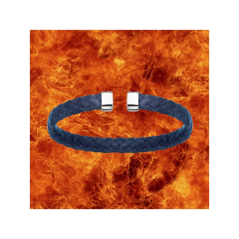 Blue leather bangle bracelet in 925 Rhodium-plated silver
