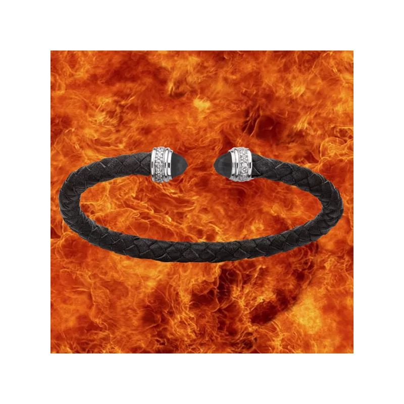 Bracelet Jonc rond cuir noir OZ Cristaux noirs Argent bijouxcreoles.com