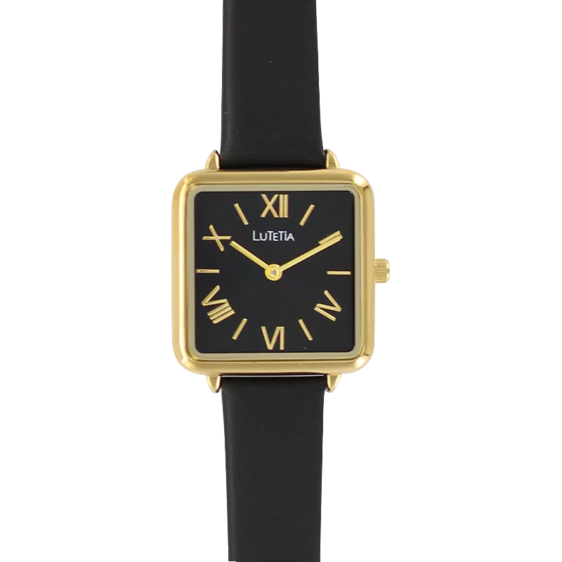 Lutetia watch, square gold metal case, black dial