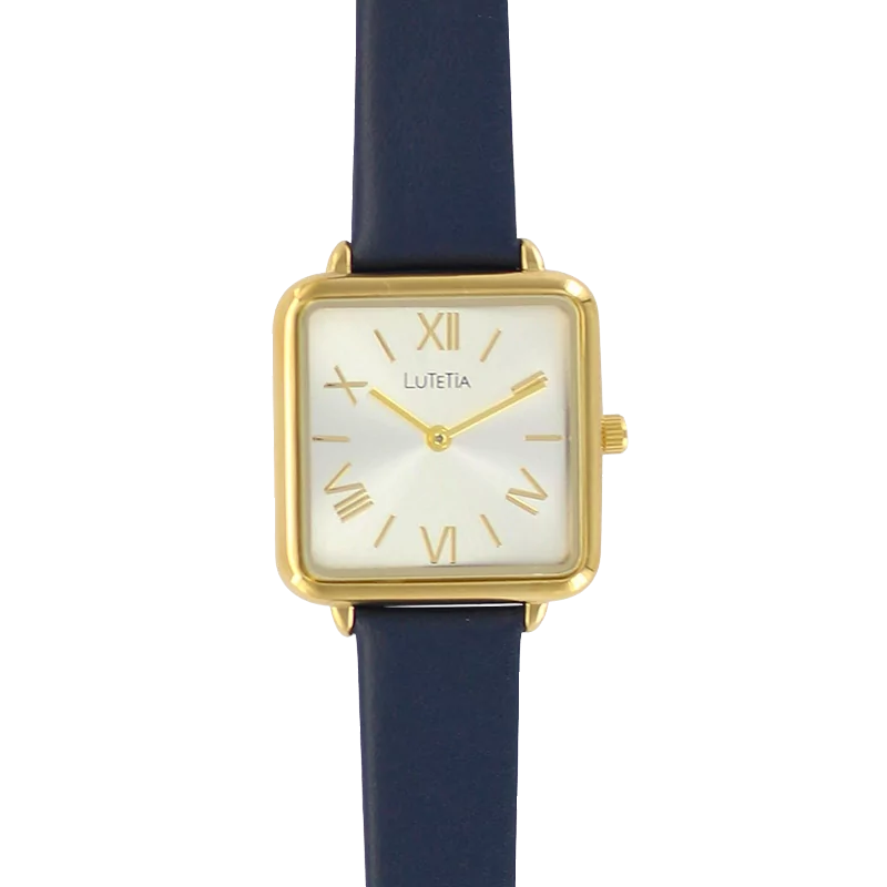 Lutetia watch, square gold metal case, navy blue dial