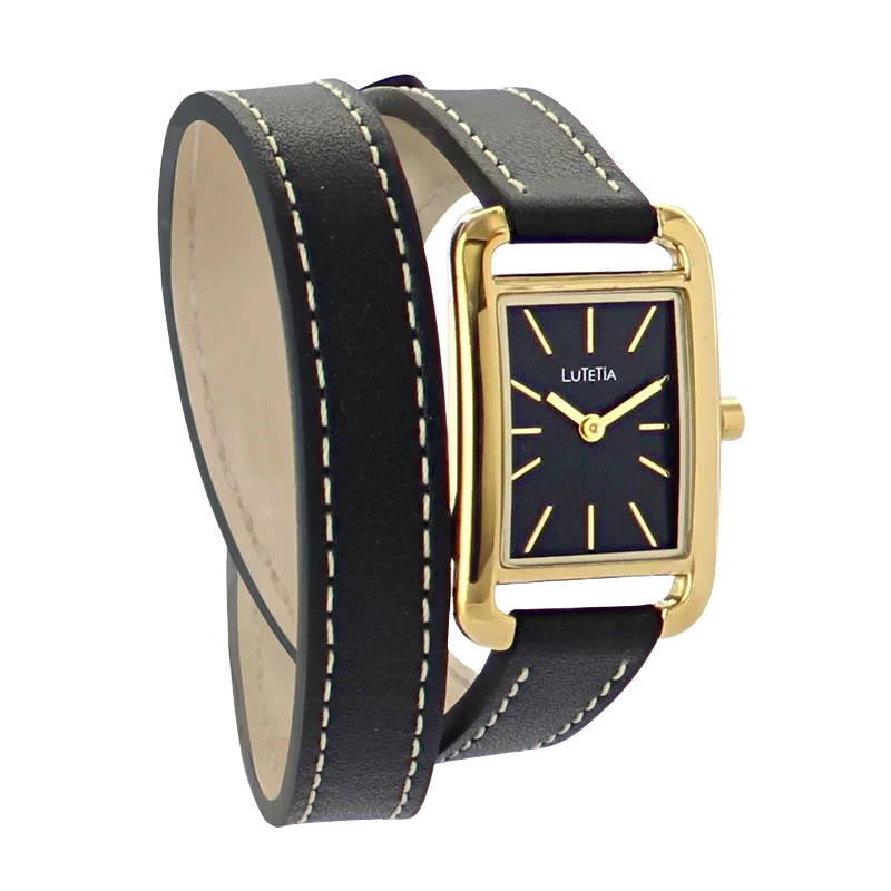 Montre Lutetia boîtier carré métal doré cadran noir bijouxcreoles.com