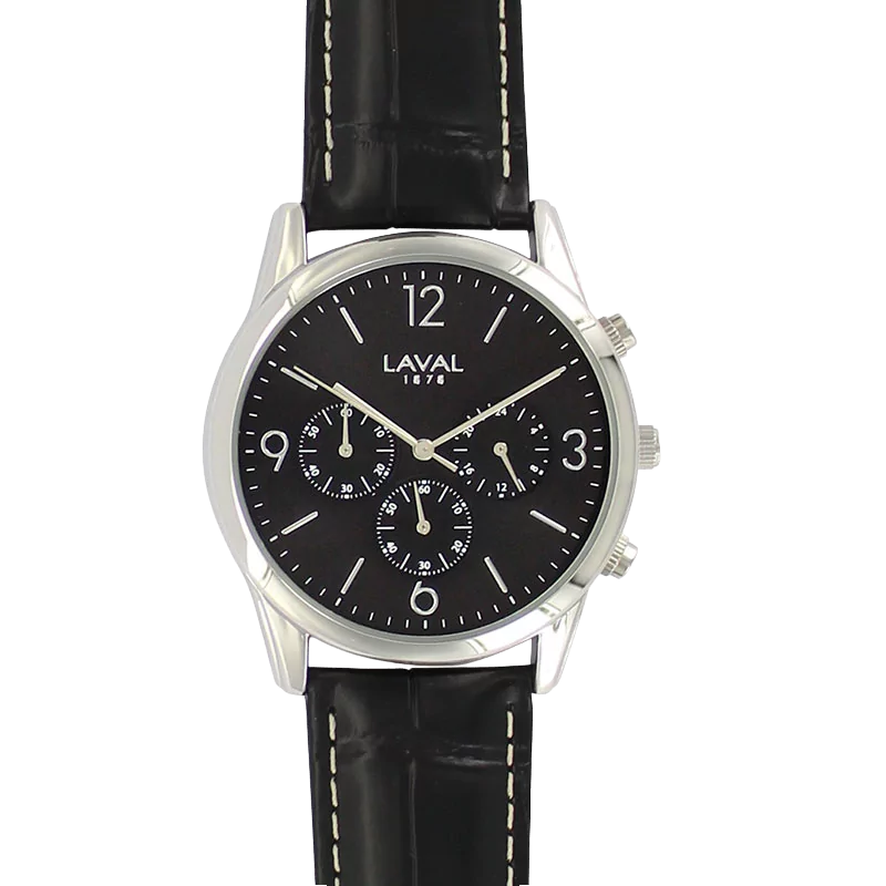 Men's watch with metal case and black dial.