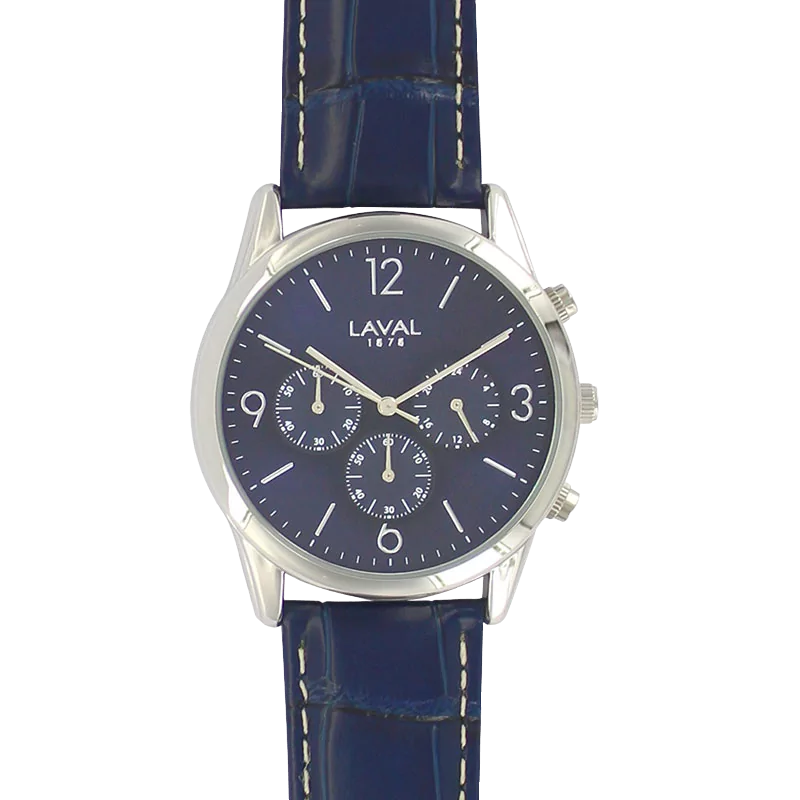 Men's watch with metal case and blue dial
