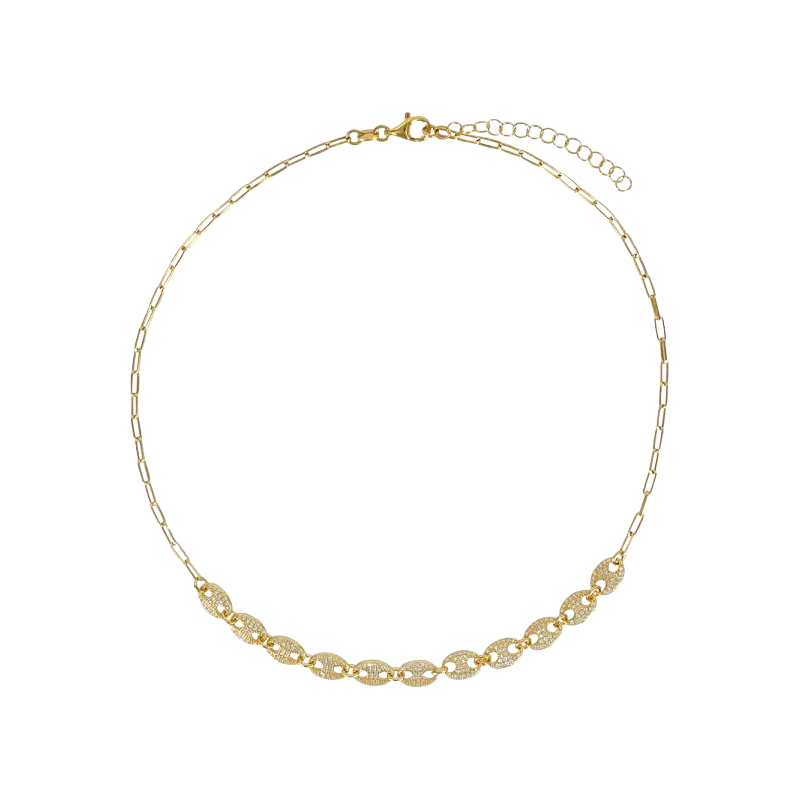Coffee bean chain necklace adorned with cubic zirconia