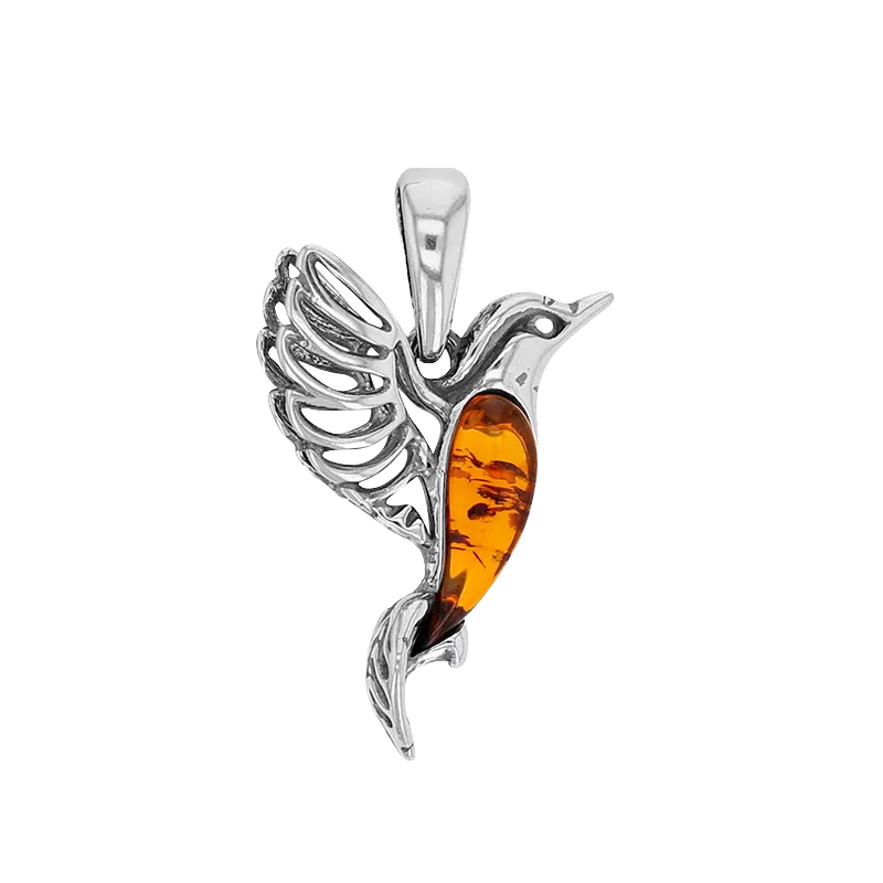 Rhodium-plated Silver Amber Stone Hummingbird Pendant