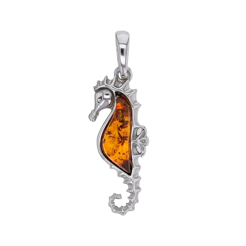 Seahorse Pendant Amber Stone Rhodium-Plated Silver