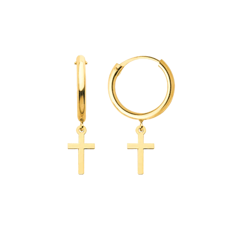 Creole earrings with dangling cross pendants, inner diameter 9mm, gold.