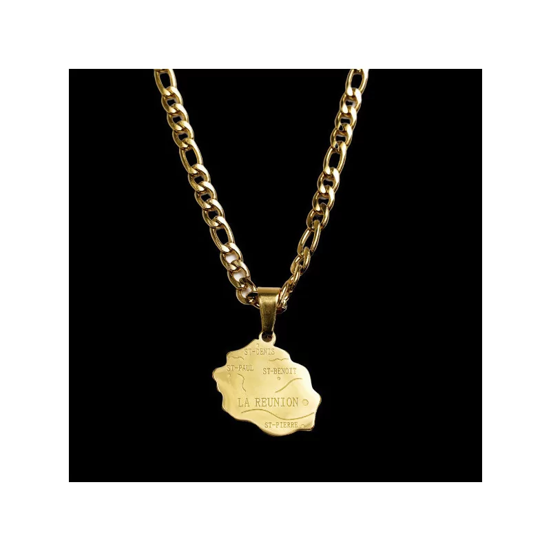 Steel necklace and pendant with a map of Reunion Island.