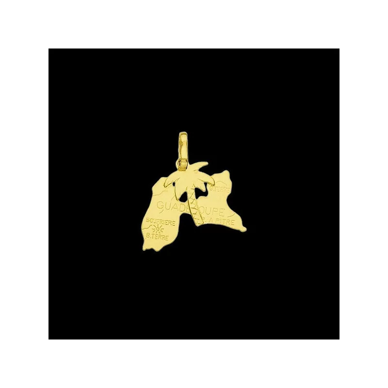 Gold pendant with a Guadeloupe map and palm tree.