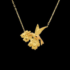 Gold necklace with two HIBISCUS HUMMINGBIRDS.